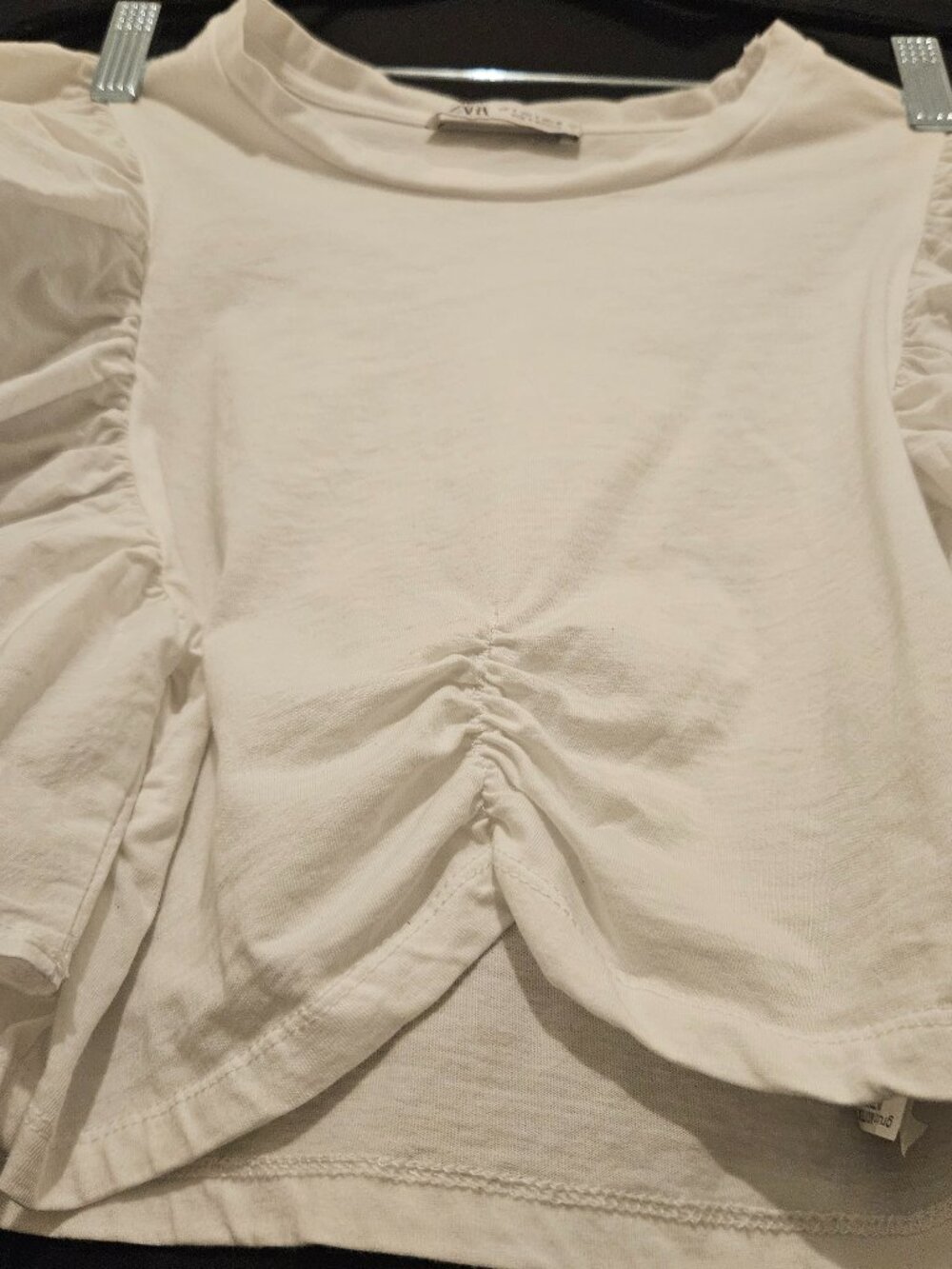 Zara Mixed Media Crop Top White Puff Sleeve Ruched Center Poplin Jersey S